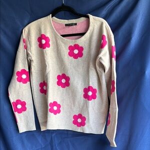 Cream and Pink Crew Neck Sweater with Floral Pattern